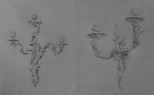 Nicolas Pineau, Projet pour un bras de lumière à trois bras (left) (ca. 1740), musée Magnin de Dijon ; red chalk on paper (here on a grayscale print), 49,8 x 41 cm, refered to by Ottomeyer and Pröschel, inVergoldete Bronzen, etc., p. 140.