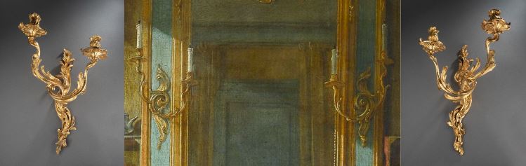 Detail of François Boucher’s Le Déjeuner, flanked with two of our Louis XV wall light