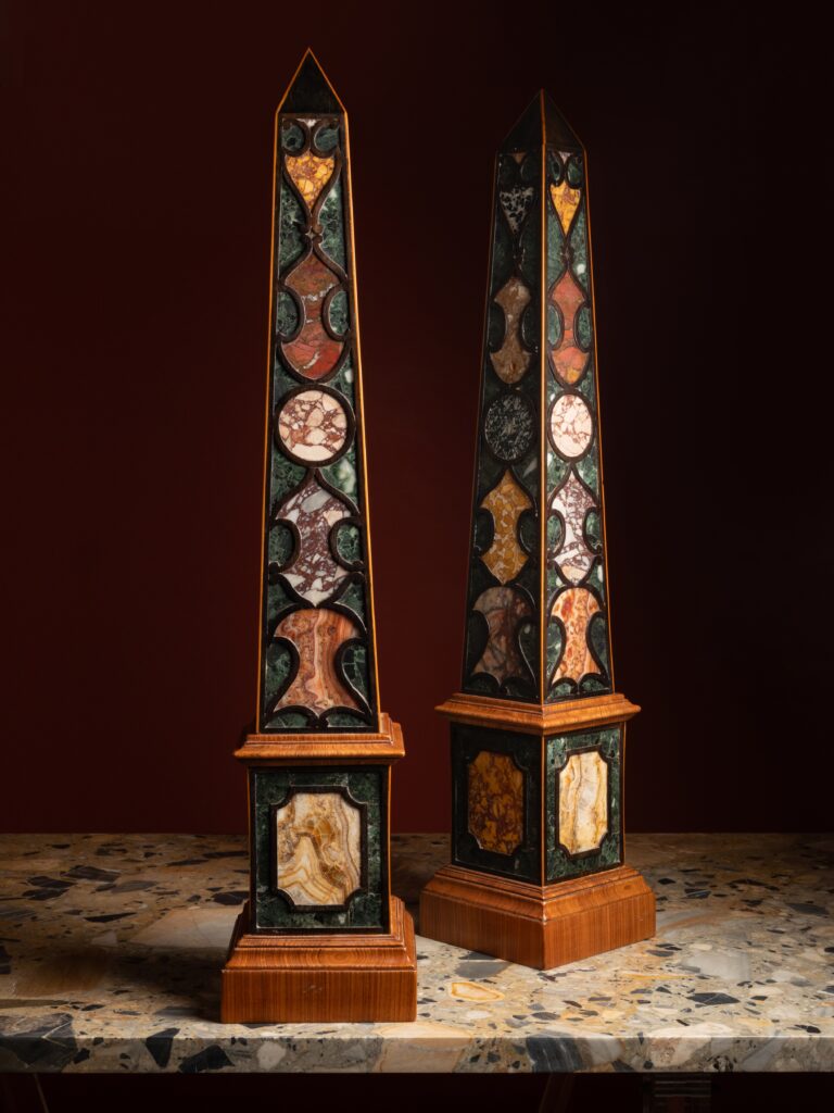 A Pair Of Large Hardstone Inlaid Obelisks By Renzo Mongiardino
