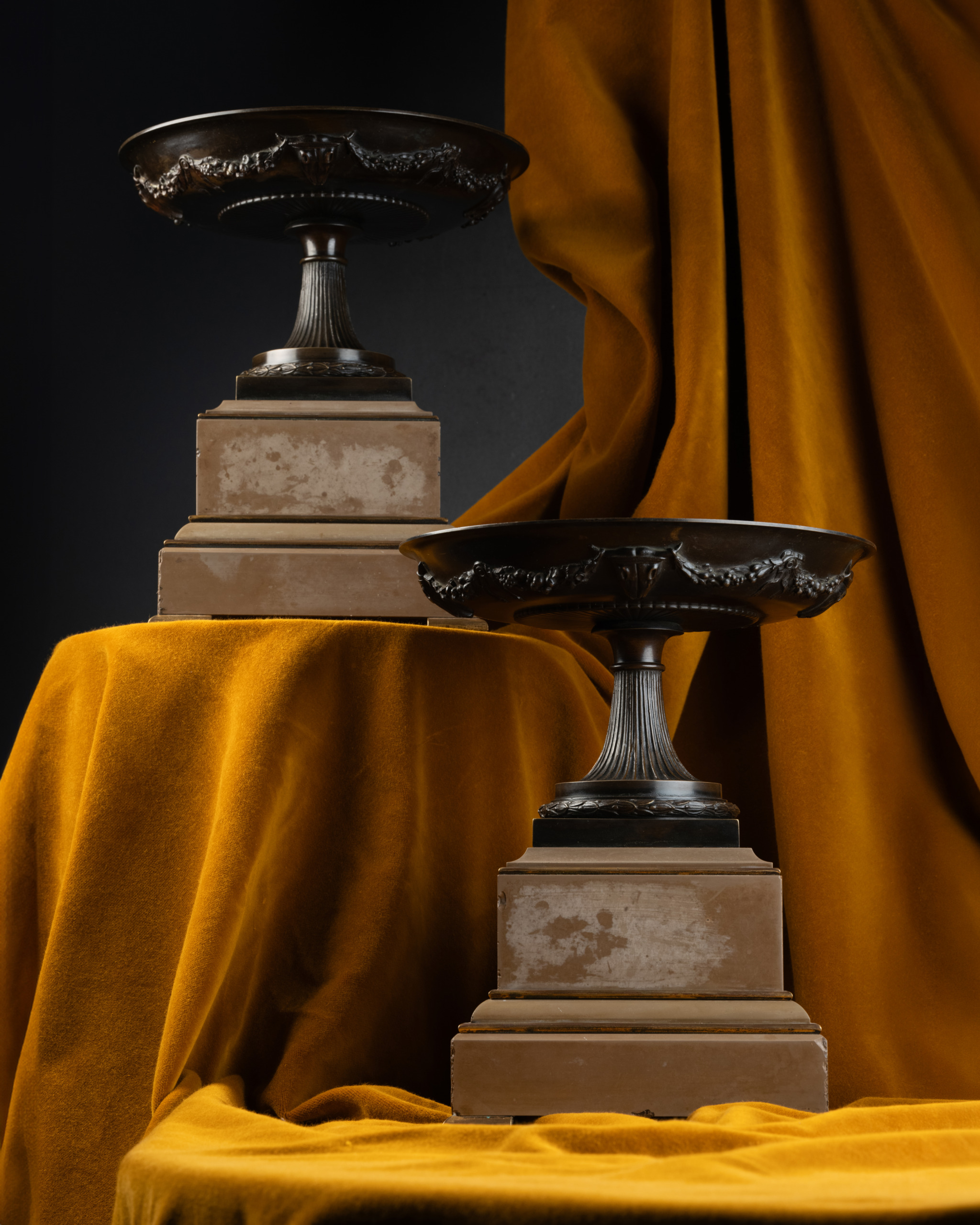 A Pair of Bronze Tazze with Bucrania Friezes