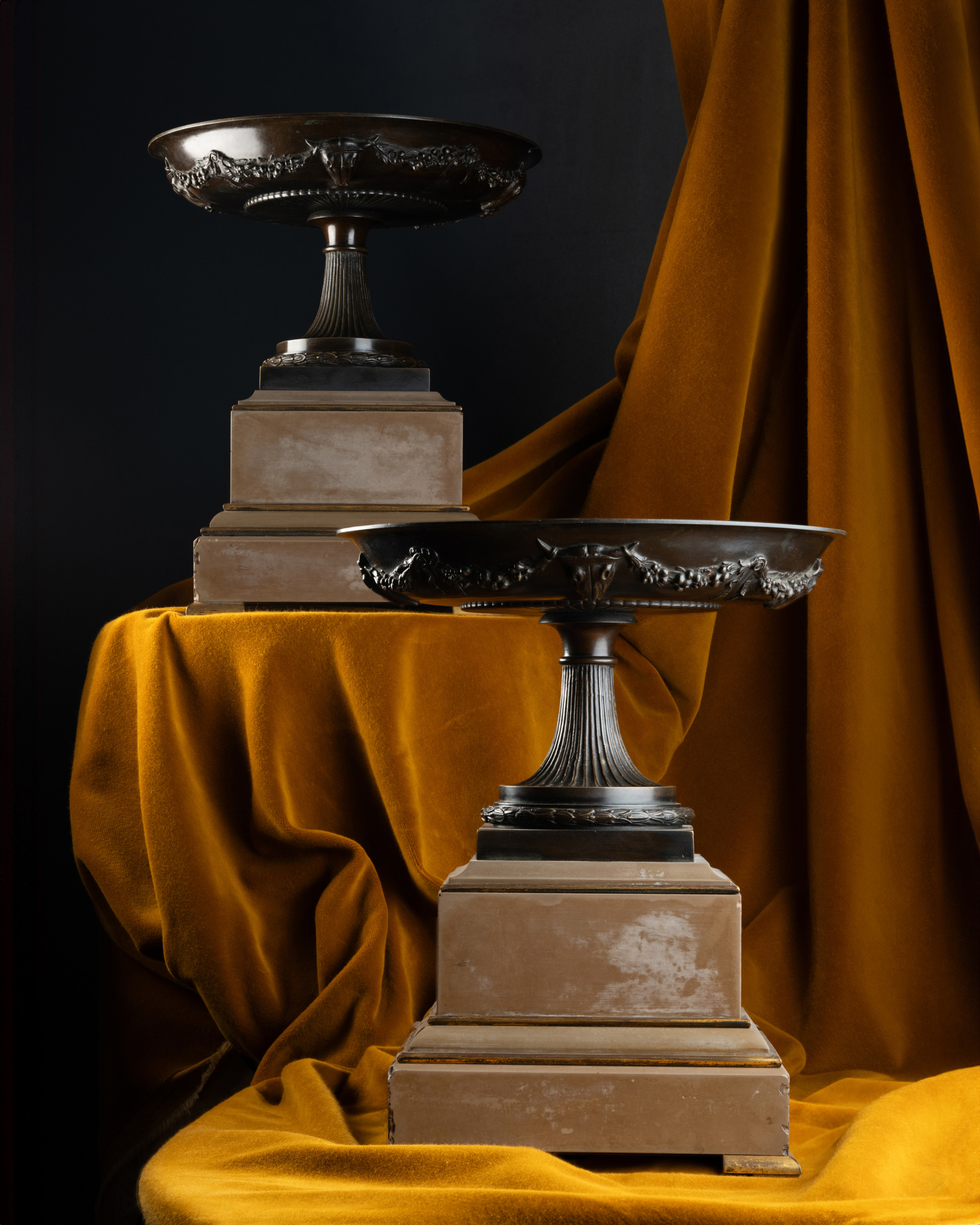 A Pair of Bronze Tazze with Bucrania Friezes