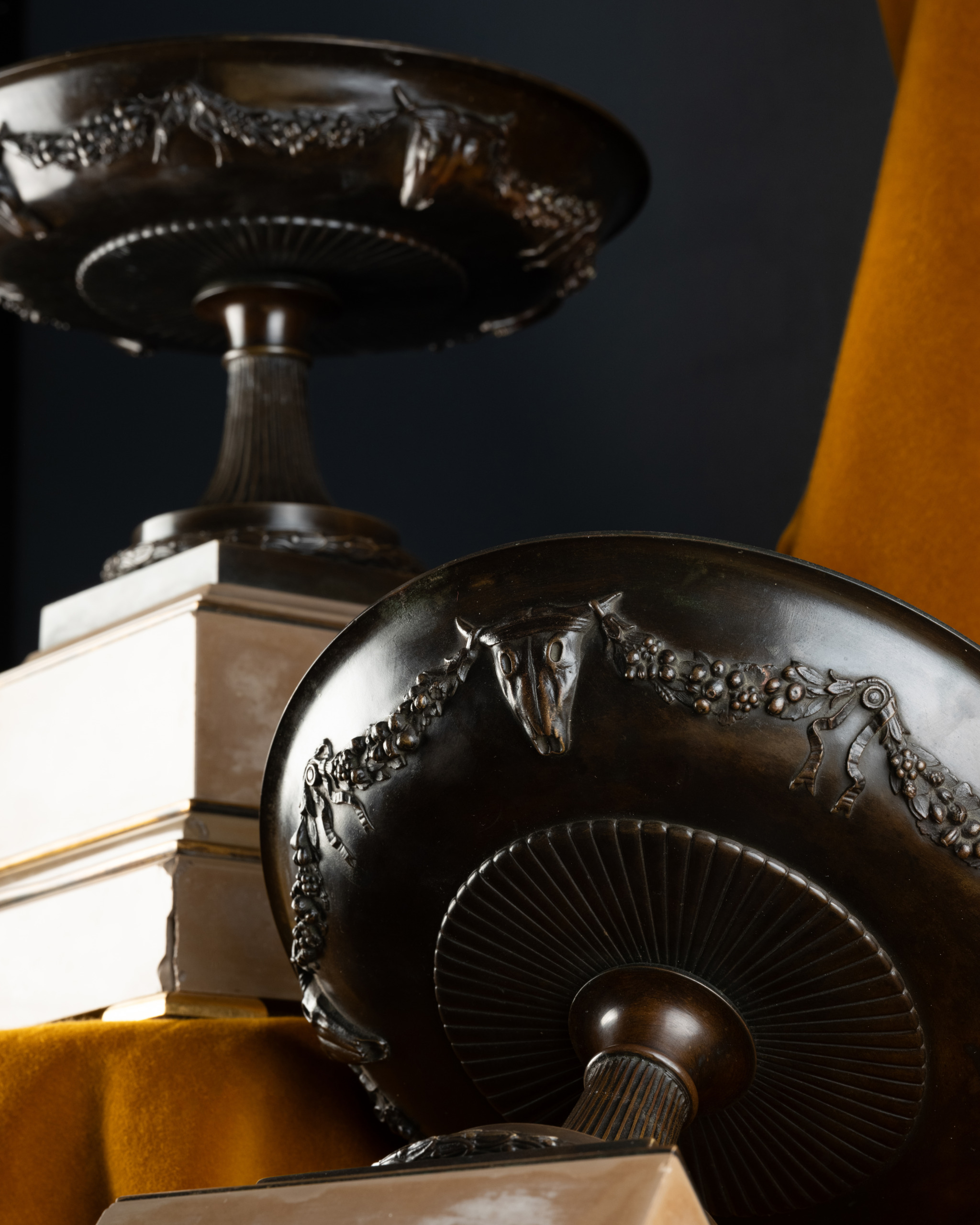 A Pair of Bronze Tazze with Bucrania Friezes